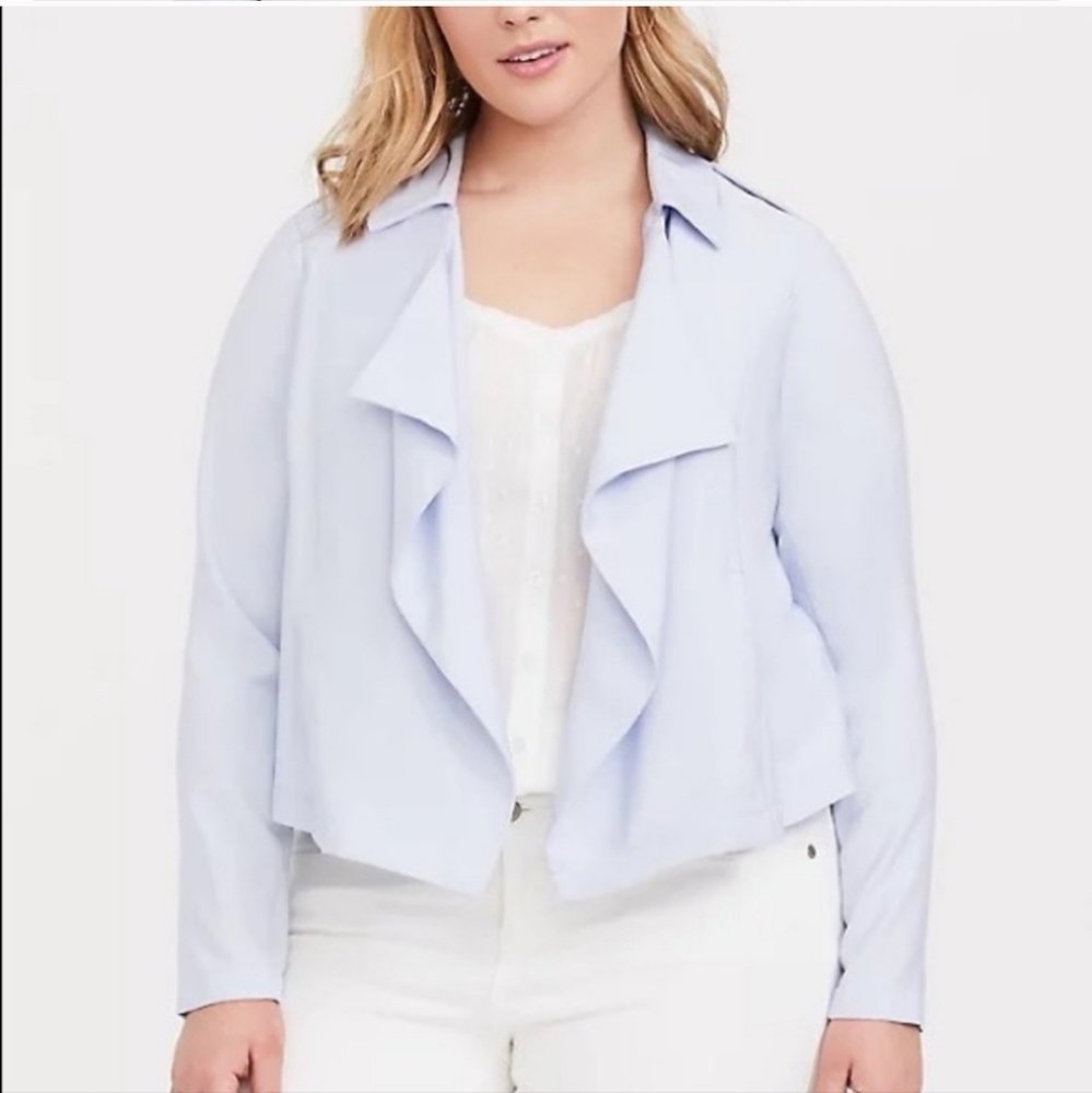 Torrid Light Blue Drape Front Twill Jacket With P… - image 3